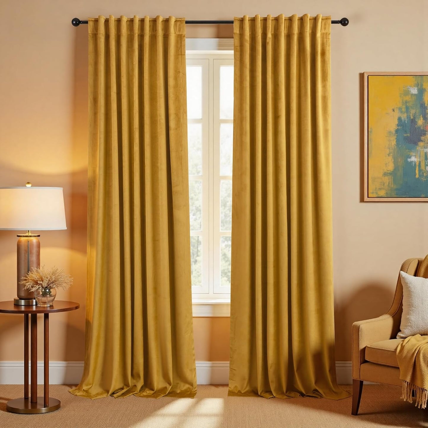 KOUFALL Mustard Yellow Velvet Curtains Blackout,Back Hook Retro Mid Century Modern Curtain,Pleated MCM Vintage Boho Eclectic Curtains for Living Room Bedroom 84 Inches Long 2 Panels