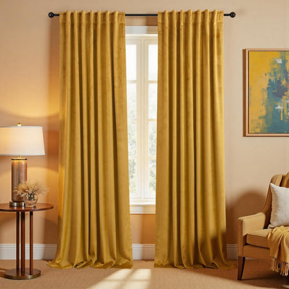 KOUFALL Mustard Yellow Velvet Curtains Blackout,Back Hook Retro Mid Century Modern Curtain,Pleated MCM Vintage Boho Eclectic Curtains for Living Room Bedroom 84 Inches Long 2 Panels