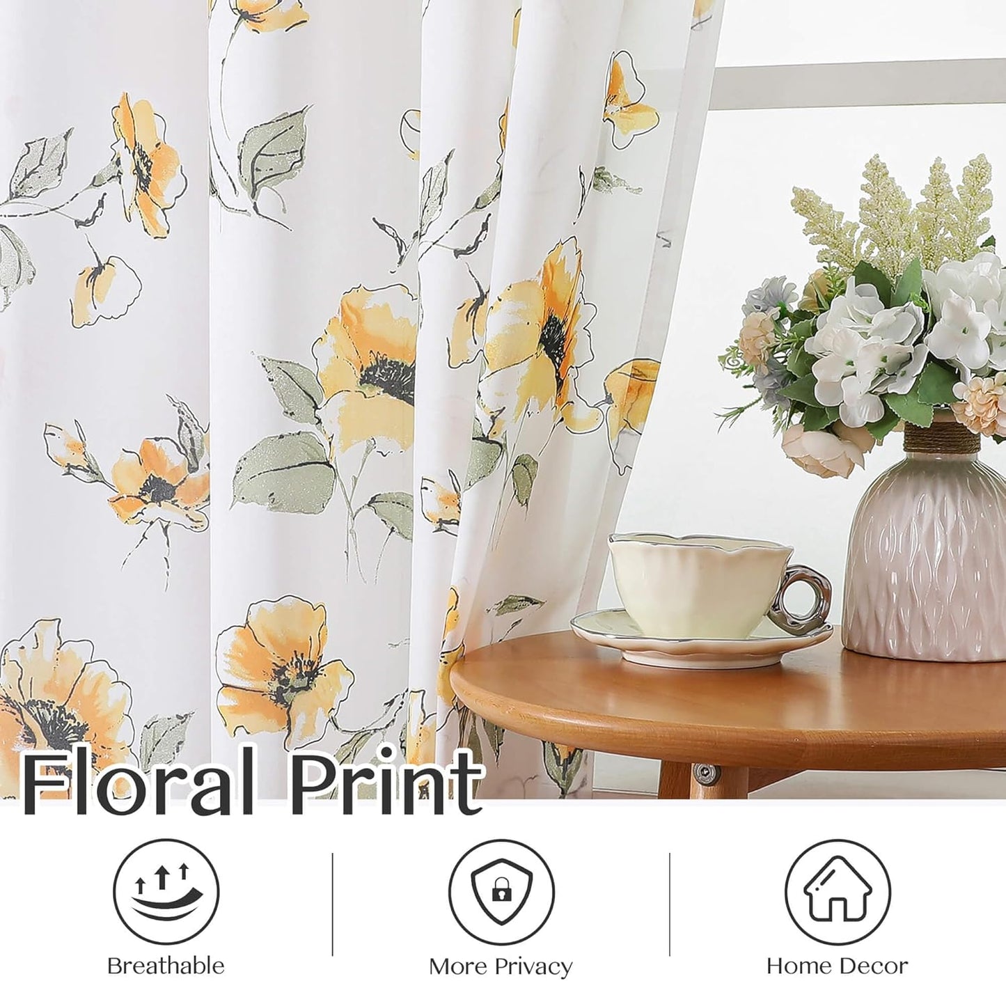 Yellow Floral Sheer Curtains 84 inches Long for Living Room, Silky-Smooth Chiffon Privacy Semi Sheer Drapes Chinoiserie WildFlower Patterned Window Curtains 2 Panel Sets for Bedroom, Yellow and White