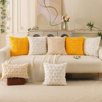 DFXSZ Spring Summer Pillow Covers 18x18 inch Set of 2 White Daisy Yellow Flower Heart Soft Plush Faux Fur Jacquard Throw Pillow Covers for Bedroom Sofa Spring Summer Holiday Home Decor PTK035A18
