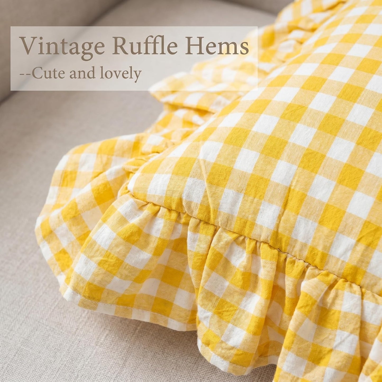 PartyDelight Gingham Throw Pillow Covers Yellow and White Ruffle Plaid Checkered Fall Decorative Farmhouse Euro Pillow Shams 2 Pack for Bed/Sofa Zipper Closure 100% Washed Cotton (18x18Inches)