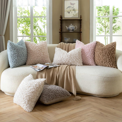 MANDIOO 2 Pieces 18x18 Inch Cream Yellow Faux Fur Throw Pillow Covers Boucle Decorative Sherpa Pillow Covers Thick Fuzzy Fleece Pillowcases Cushion Covers for Sofa Couch Bed Living Room