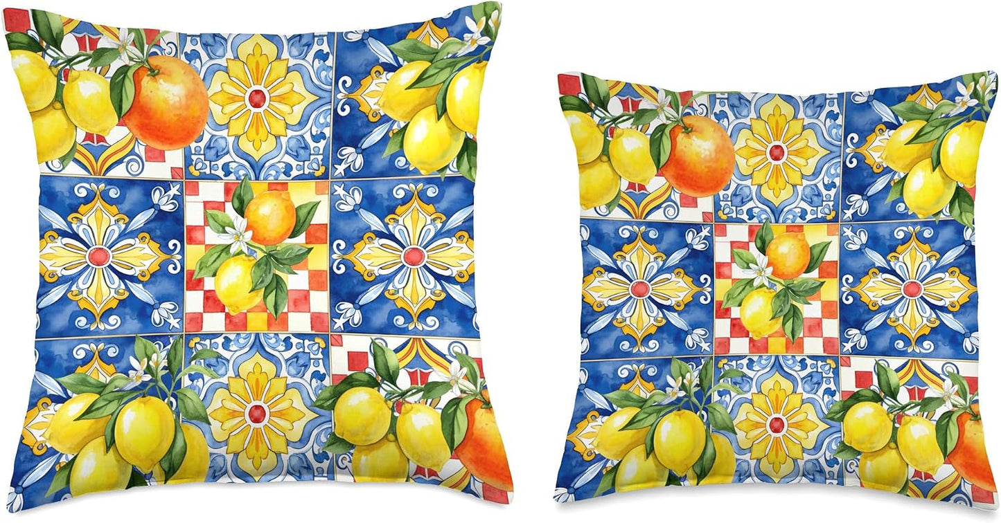 Vibrant Colorful Summer Fruits Lemon Mediterranean Art Throw Pillow