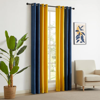 PRIMROSE Navy Blue Yellow Linen Curtains 84 inch Long for Living Room Set of 2 Panels Blackout Thermal Insulated Room Darkening Ombre Curtains Window Drapes for Bedroom Grommet