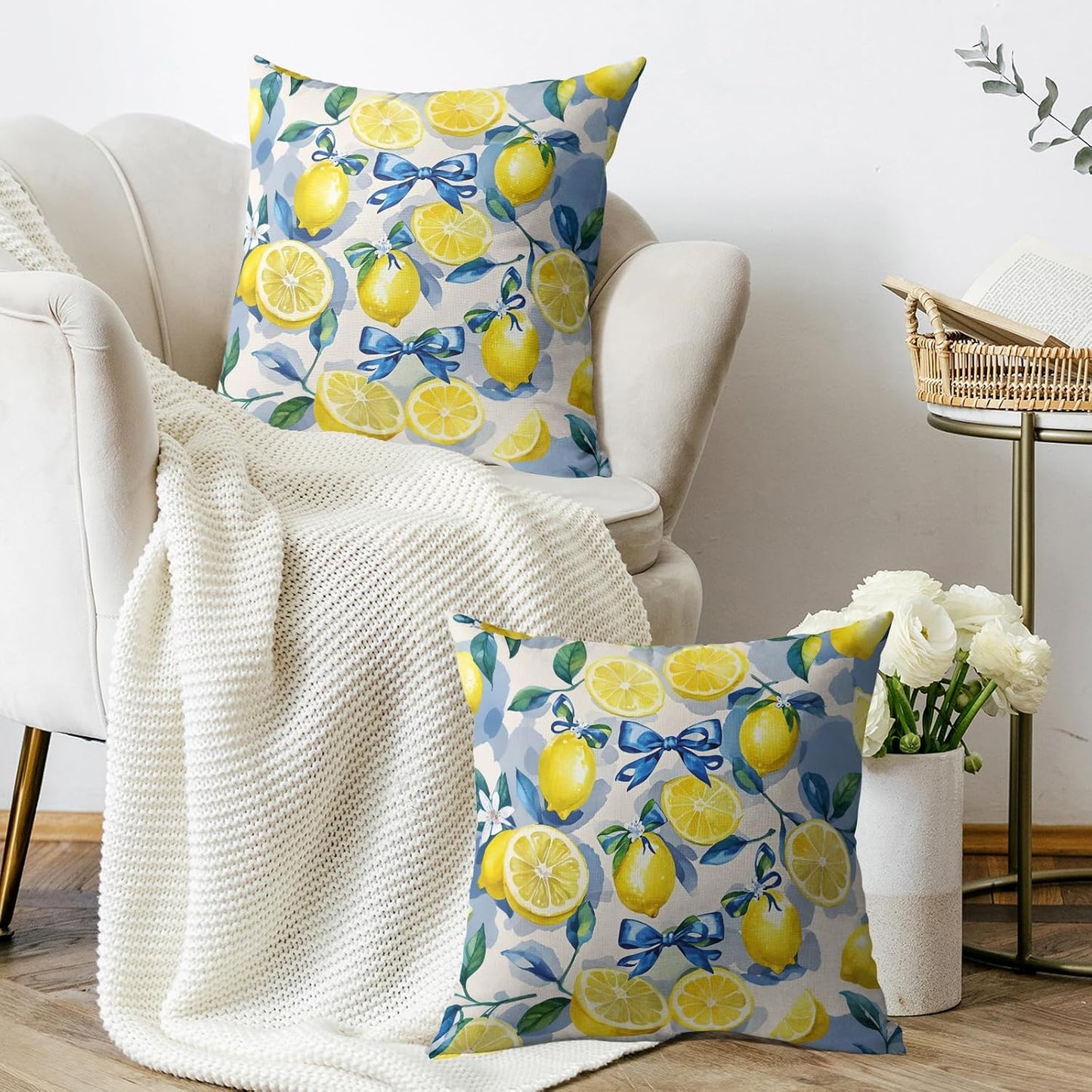 Yellow Lemon Pillow Covers 20X20 Set of 2, Blue Bow Floral Summer Theme Print Decorative Throw Pillowcases Outdoor Farmhouse Seasonal Cushion Cases Couch Sofa Bed Porch Decor