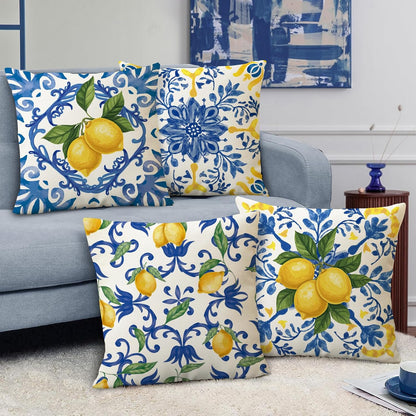 Fahrendom Blue Lemon Italy Tile Pattern Decorative Throw Pillow Covers 18 x 18 Set of 4, Amalfi Coast Italian Capri Citrus Porch Pillowcase, Summer Mediterranean Sofa Couch Cushion Case Home Decor