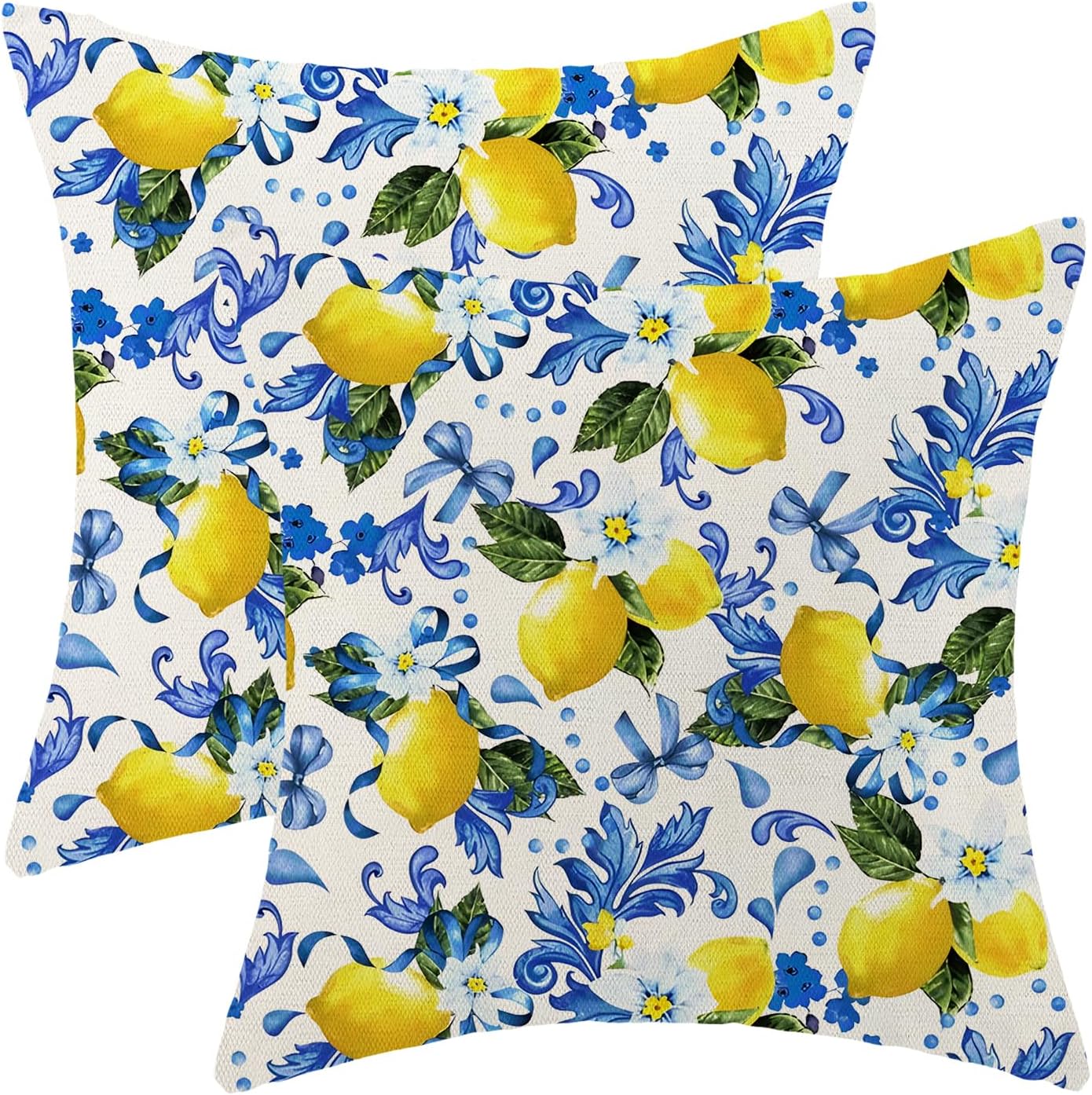 Spring Pillow Covers 18x18 Pack of 2 Blue Yellow Lemon Floral Throw Pillow Covers Outdoor Summer Seasonal Flower Decor Pillowcase Farmhouse Decorative Square Cushion Case for Home Couch