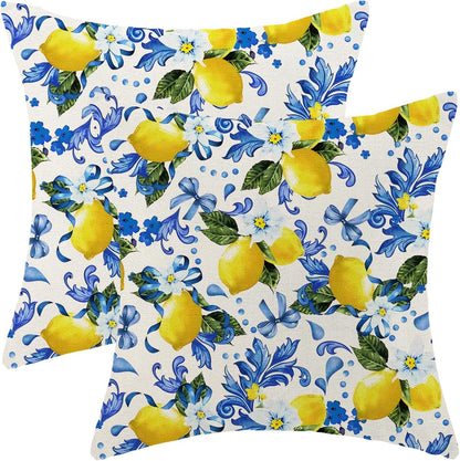 Spring Pillow Covers 18x18 Pack of 2 Blue Yellow Lemon Floral Throw Pillow Covers Outdoor Summer Seasonal Flower Decor Pillowcase Farmhouse Decorative Square Cushion Case for Home Couch
