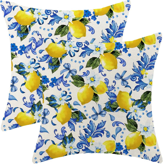 Spring Pillow Covers 18x18 Pack of 2 Blue Yellow Lemon Floral Throw Pillow Covers Outdoor Summer Seasonal Flower Decor Pillowcase Farmhouse Decorative Square Cushion Case for Home Couch