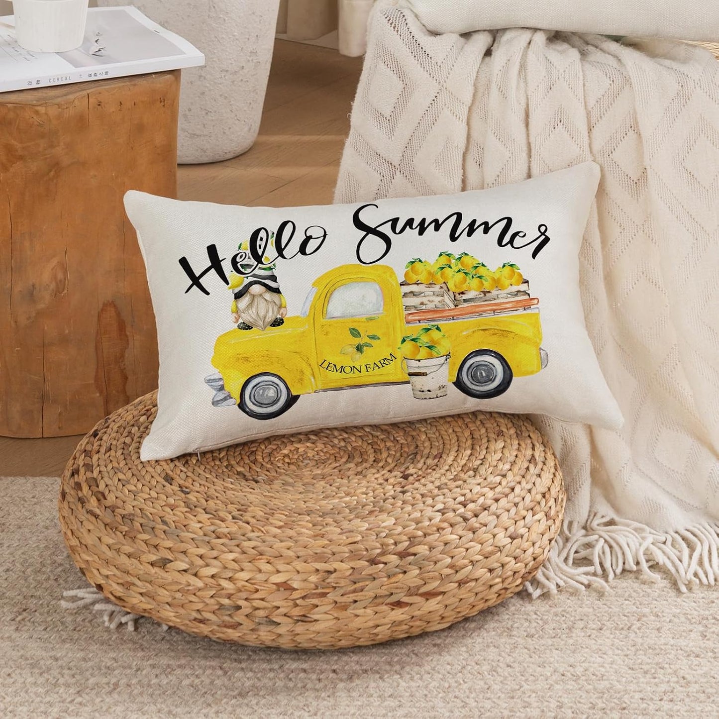 TAJWE Hello Summer Throw Pillow Cover 12x20 Inch Yellow Truck Lemon Gnome Decorative Pillowcase Farmhouse Seasonal Lumbar Cushion Case for Sofa Couch Porch Home Decor