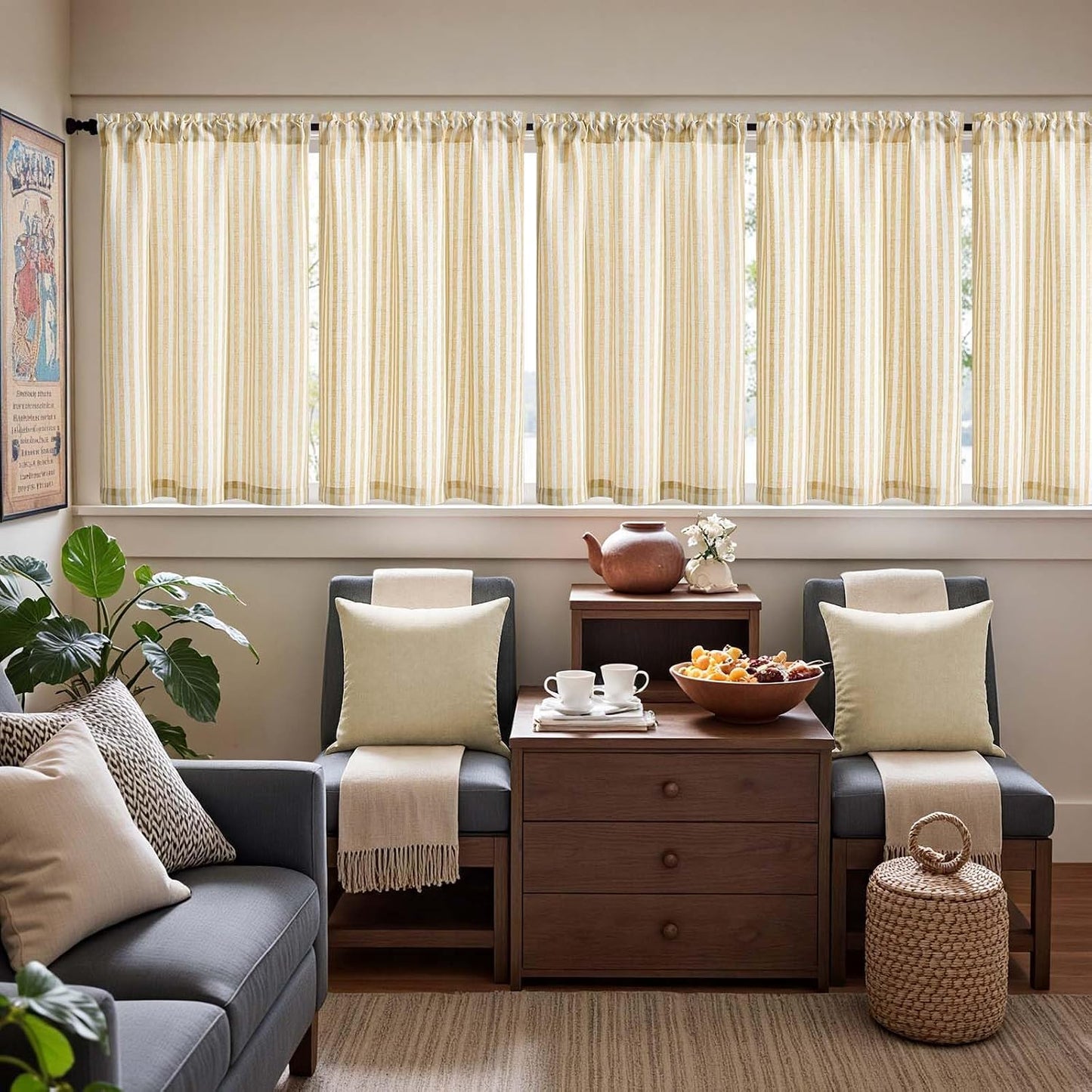 jinchan Striped Linen Kitchen Curtains 36 Inches Tier Curtains Farmhouse Modern Cafe Style Small Window Treatments Airy Light Filtering Rod Pocket for Living Room Bathroom 2 Panels Mustard Yellow