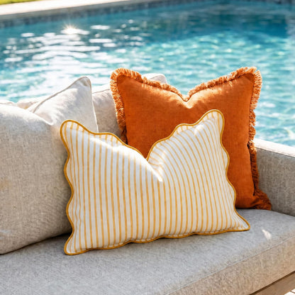 DEZENE 12x20 Yellow Outdoor Lumbar Pillow Cover, Striped Scalloped Water Resistant Throw Pillow Case Farmhouse Cushion Cover for Coastal Patio and Porch Decor