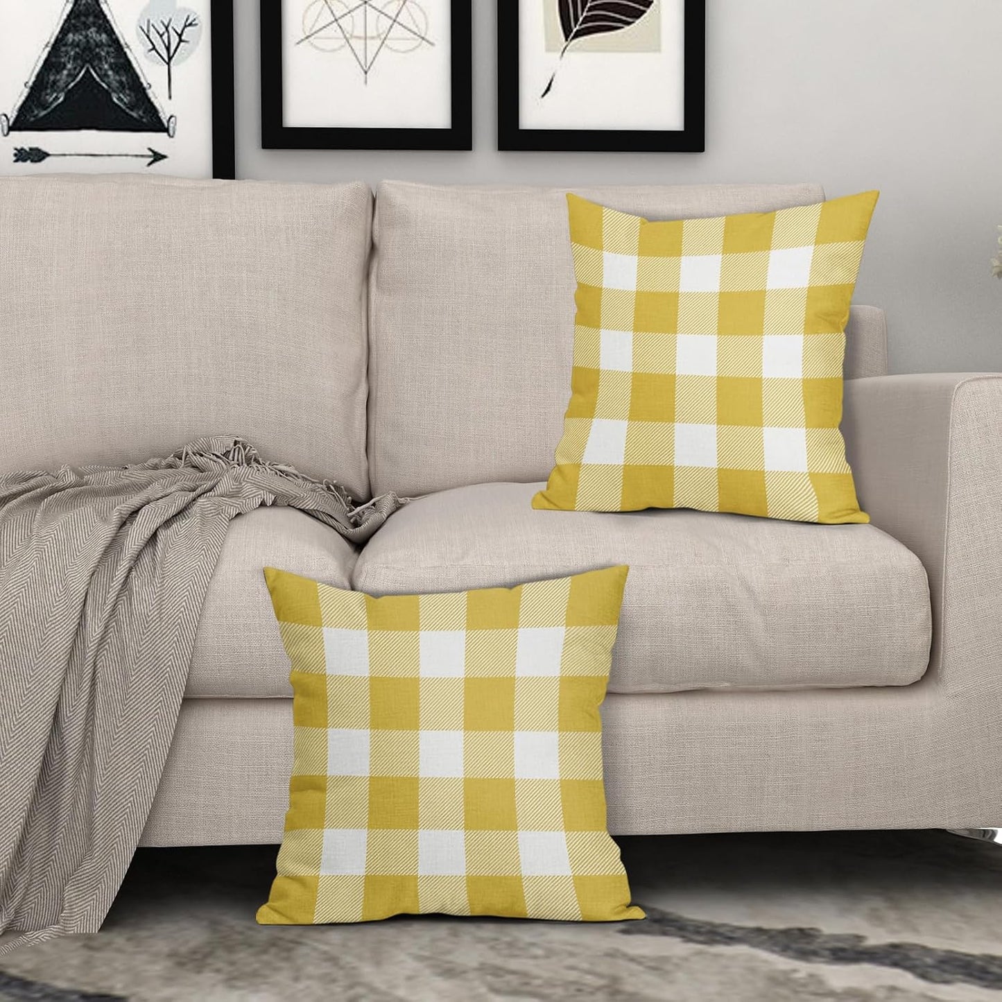 Yellow and White Buffalo Plaid Pillow Covers 18x18 Set of 2 Check Pattern Print Decorative Outdoor Pillowcases Holiday Farmhouse Christmas Checked Throw Cushion Case Couch Sofa Bed Decor