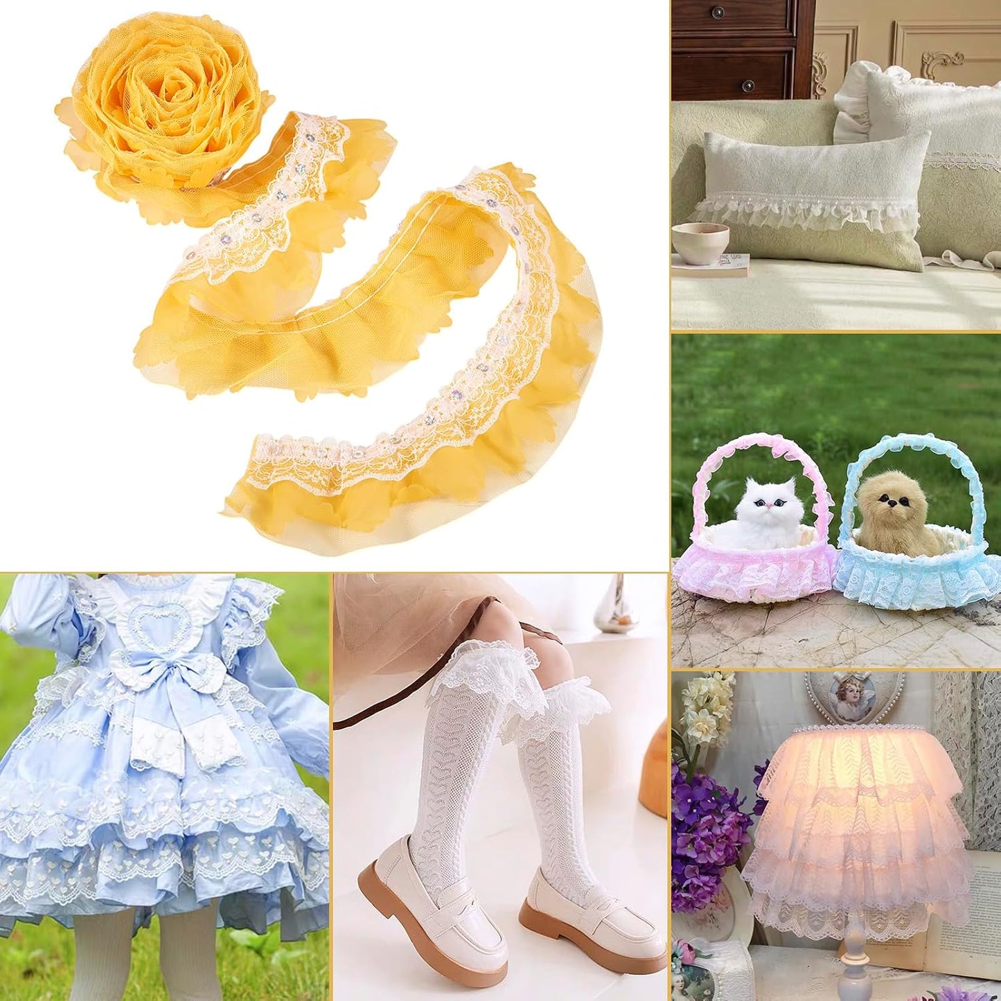 FASHEWELRY Yellow Ruffle Trim 2.2 Yards Organza Lace Trim 2 Inch Pleated Ribbon 2-Layer Fabric Trimming for Sewing Crafts Wedding Bridal Dress Appliques Headdress