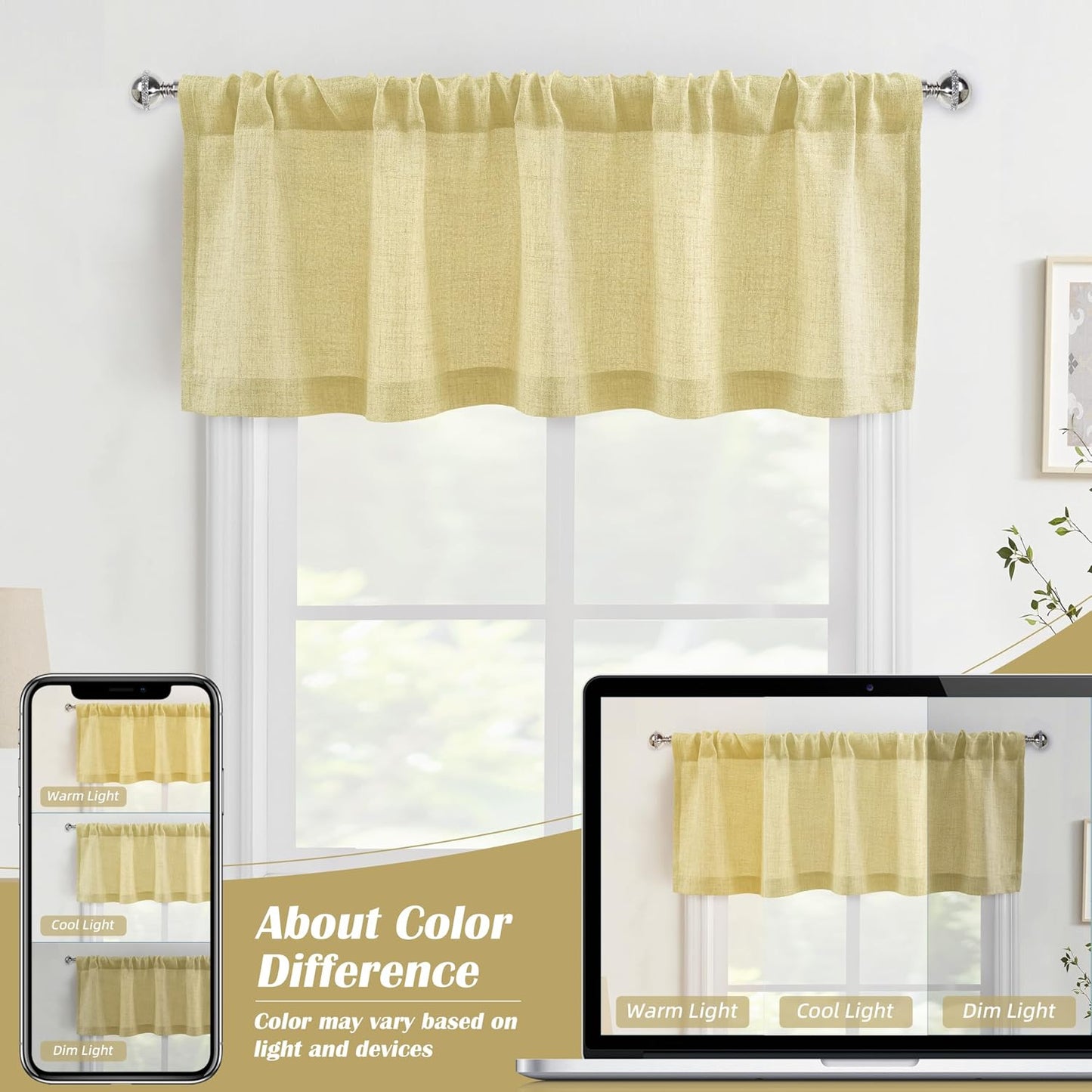 DriftAway Linen Textured Curtain Valances for Windows Light Filtering 3 Inch Rod Pocket Farmhouse Country Rustic Kitchen Valances for Bedroom Living Room Bathroom 18 inch Length Yellow