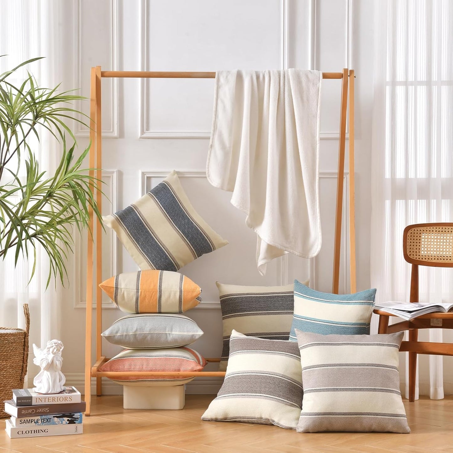 AmHoo Pack of 2 Farmhouse Linen Throw Pillow Cover Cushion Stripe Decoration Buffalo Retro Pillowcase with Hidden Zipper for Sofa Bedroom Car 22 x 22 Inch Yellow