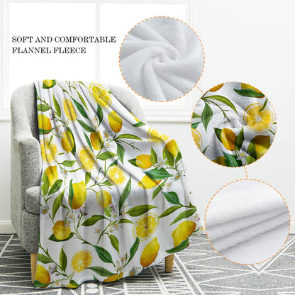 Jekeno Lemon Floral Blanket Yellow Fruits Green Leaves Print Gifts for Women Kids Girls Home Bedroom Living Room Decor Soft Cozy Lightweight Throw Blankets White 50"x60"