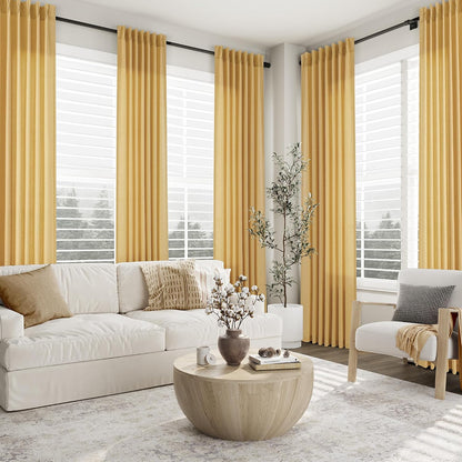 Aersas Gold Yellow Pinch Pleated Linen Curtains 84 Inch Length 2 Panels for Living Room Bedroom Semi Sheer Window Curtain Boho Neutral Back Tab Pinch Pleat Drape with Hooks 40x84