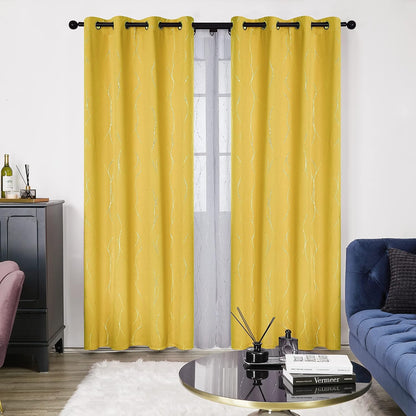 Deconovo Blackout Curtains, Yellow Thermal Insulated Grommet Drapes, Silver Wave Dots Foil Print, Light Blocking Panels, 52" W x 95" L, 2 Panels, for Bedroom Living Room Sliding Door