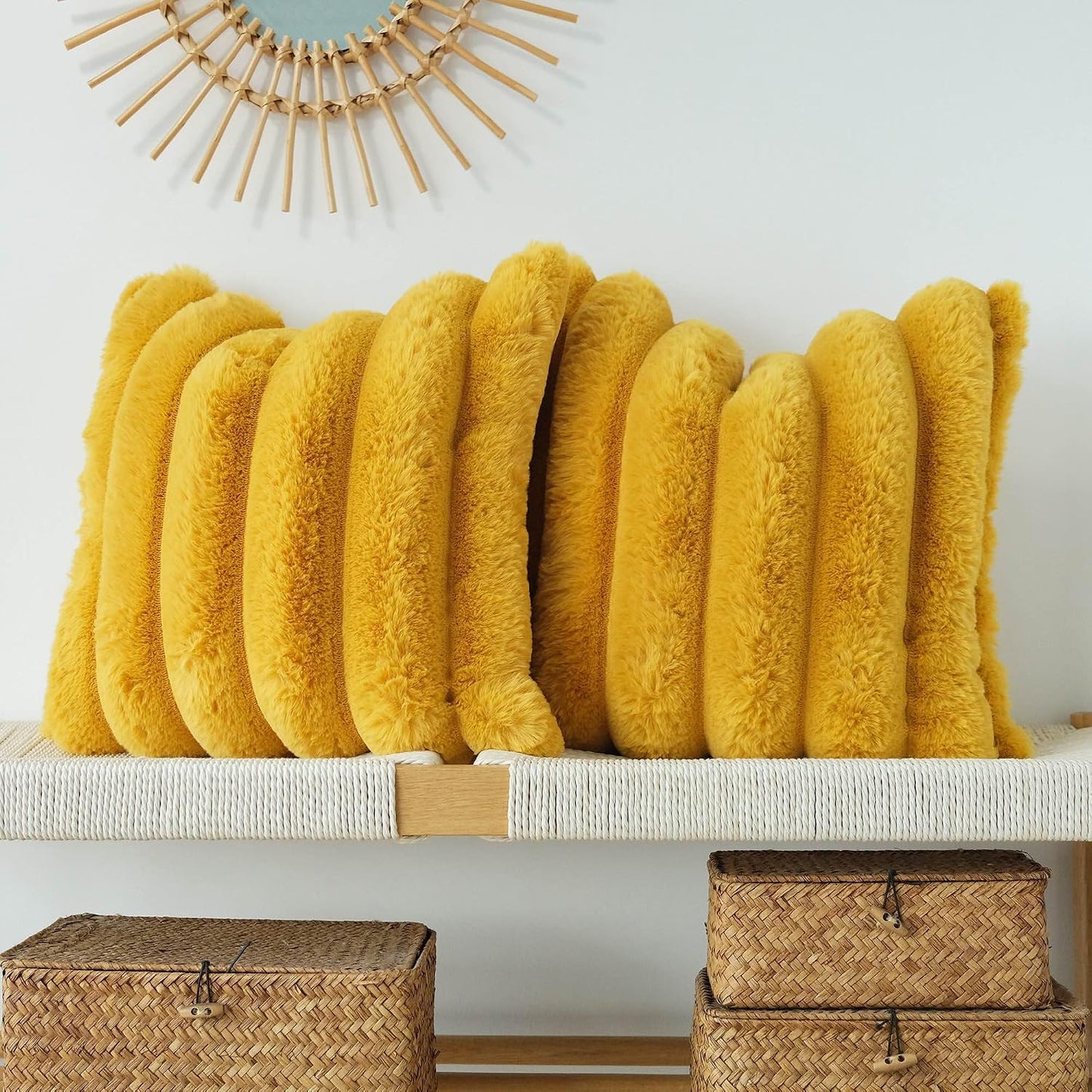 JOJUSIS Pack of 2 Faux Fur Plush Decorative Throw Pillow Covers Couch Cushion Case Soft Fluffy Pillowcases Wide Stripe (Yellow, 18 x 18 Inch)