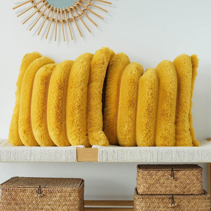 JOJUSIS Pack of 2 Faux Fur Plush Decorative Throw Pillow Covers Couch Cushion Case Soft Fluffy Pillowcases Wide Stripe (Yellow, 18 x 18 Inch)