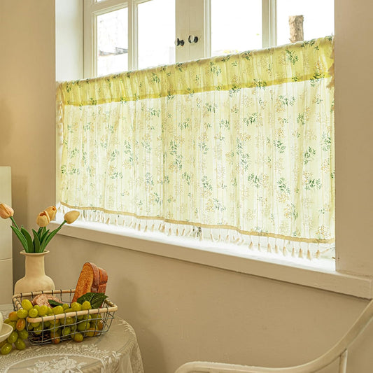 Deeprove Yellow Boho Valance Short Curtain Floral Print 18 inch for Closet Kitchen, Cotton Farmhouse Tassels Sheer Window Romantic Flower Cottage Tier Fall Decor Rod Pocket 1 Panel 52 W x 18 L