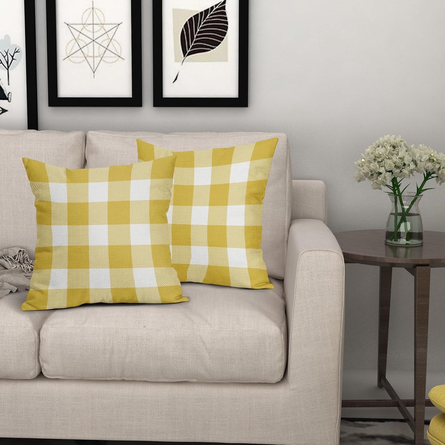 Yellow and White Buffalo Plaid Pillow Covers 18x18 Set of 2 Check Pattern Print Decorative Outdoor Pillowcases Holiday Farmhouse Christmas Checked Throw Cushion Case Couch Sofa Bed Decor