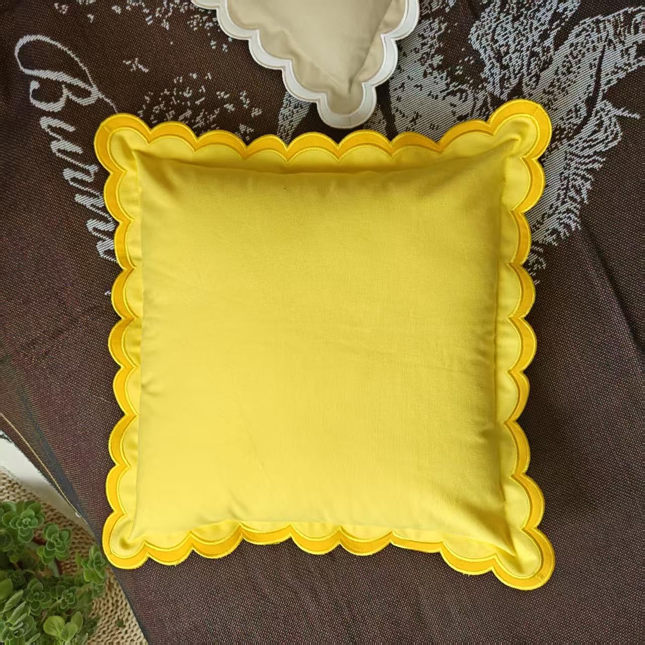Scalloped Edge Embroidery Pillow Cover Set of 2 | Decorative Throw Pillow Covers | Boho-Chic Cushion Covers for Living Room (Yellow)
