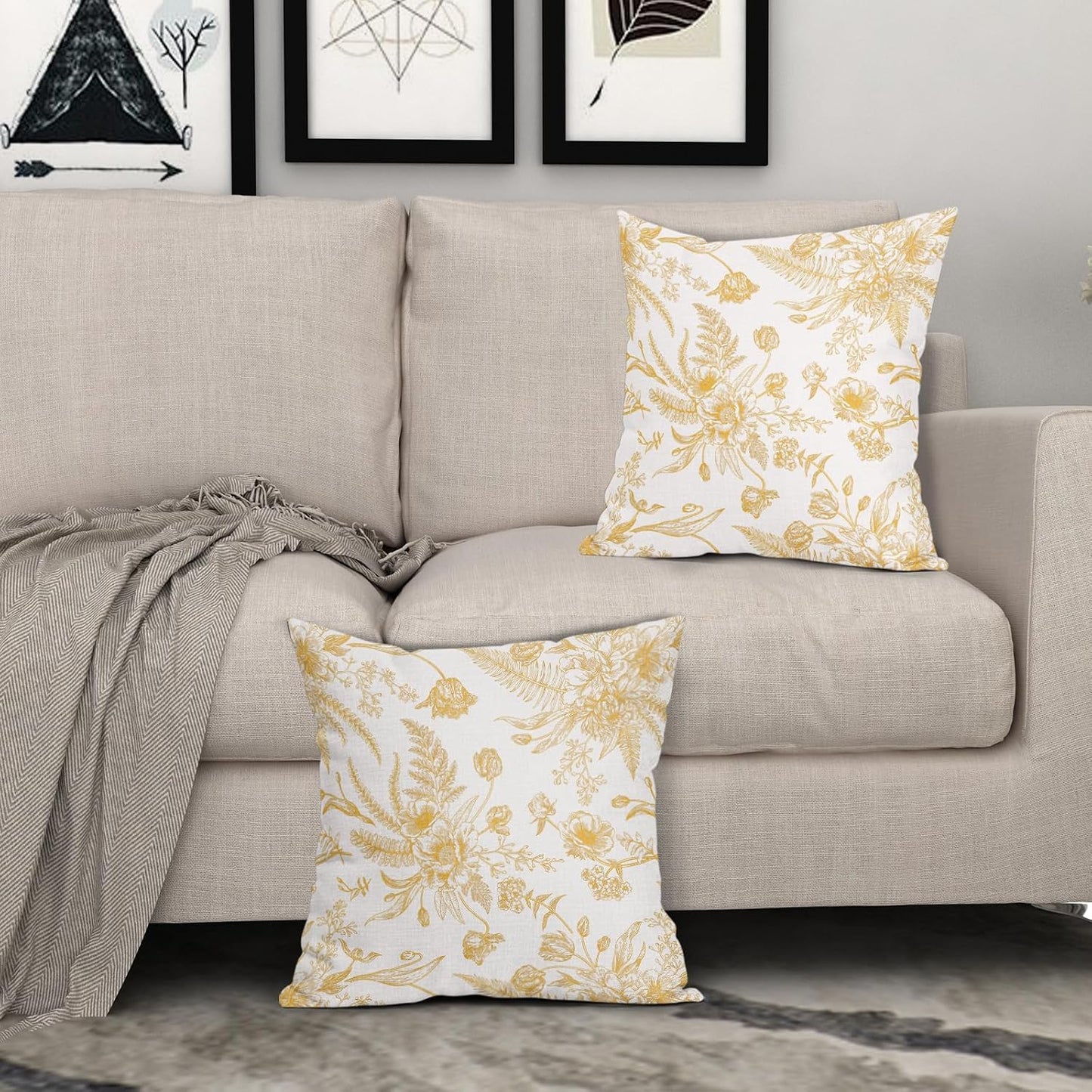 Yellow Flowers Pillow Covers 20x20Inch Set of 2 Light Yellow and White Morden Throw Pillowcase Cotton Linen Square Decorative Pale yellow Floral Cushion Cover for Sofa Bedroom Indoor Outdoor Party