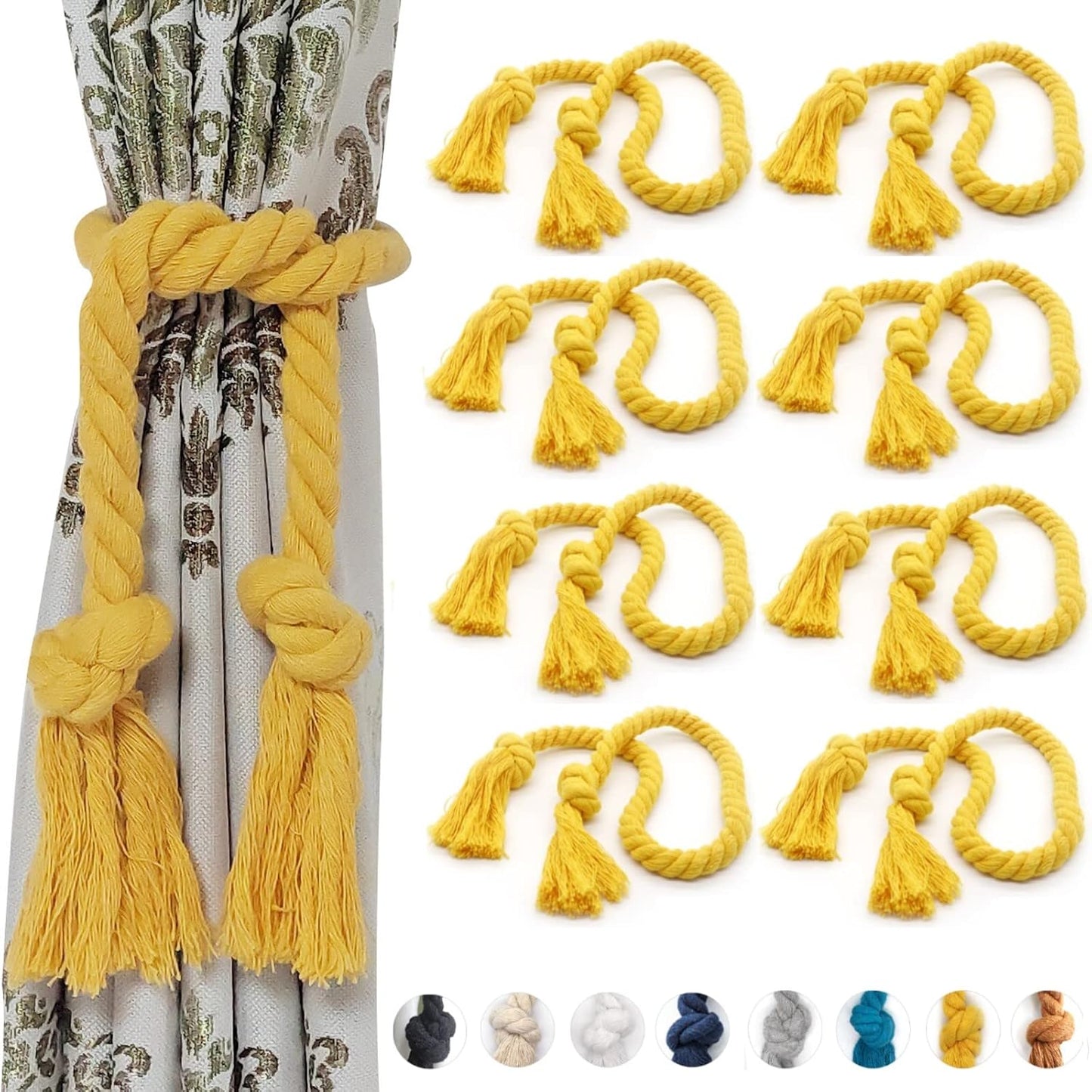 8 Pack Outdoor Curtain Tiebacks Rope, Natural Cotton Curtain Holders, Village Rural Rustic Curtain Holdbacks, Farmhouse Nautical Curtain Rope Tie Back for Drapery Patio, (Yellow)