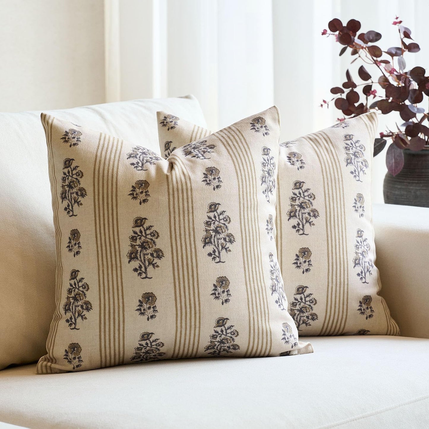 Amor Virisso Floral Throw Pillow Covers 20x20 Set of 2 Block Print Pillow Covers Neutral Floral Striped Farmhouse Decorative Pillow Covers for Sofa Couch Bed, Yellow