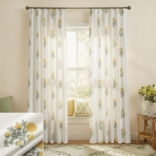 Yellow Floral Spring Curtains for Living Room, 84 Inch Flower Patterned Linen Semi Sheer Light Filtering Pinch Pleated Drapes, Mustard Yellow Green Pastel Window Panels for Bedroom Dining Room, 84" L