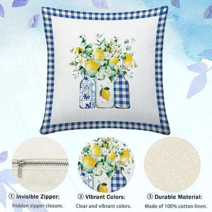 Italian Lemon Pillow Covers Set of 4, 18x18 Inch Blue Lemon Floral Throw Pillow Covers, Polyester Summer Fruit Cushion Case Decorations for Holiday Farmhouse Home Sofa Couch Gifts