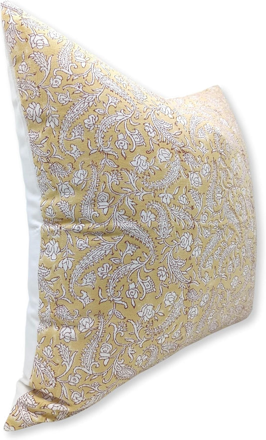 Thick Cotton White Fabric Handmade Block Print 14x20 Inch Throw Pillowcase Cushion Cover with Zipper Decorative for Sofa, Couch, Living Room, Bedroom (Black Forest-Light Yellow)
