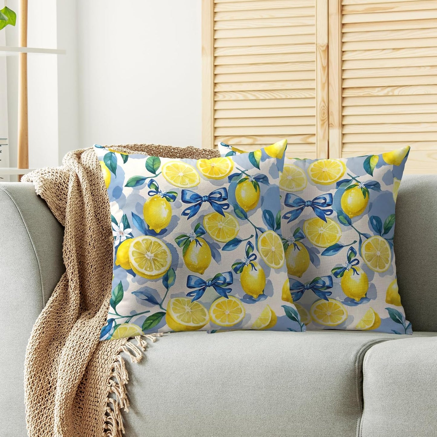 Yellow Lemon Pillow Covers 20X20 Set of 2, Blue Bow Floral Summer Theme Print Decorative Throw Pillowcases Outdoor Farmhouse Seasonal Cushion Cases Couch Sofa Bed Porch Decor