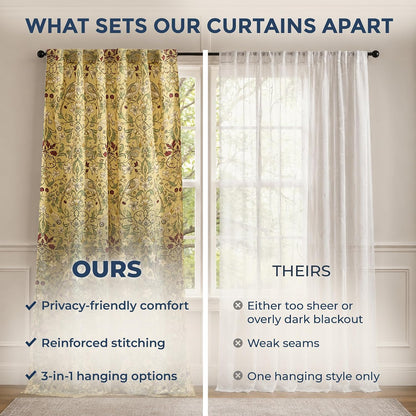 HLC.ME Florence Mustard Yellow Floral Curtains - Whimsical Hummingbird Chinoiserie Patterned Back Tab Rod Pocket Print Curtains Bedroom - Light Blocking Darkening Window Panels, Set of 2 (52 W x 84 L)