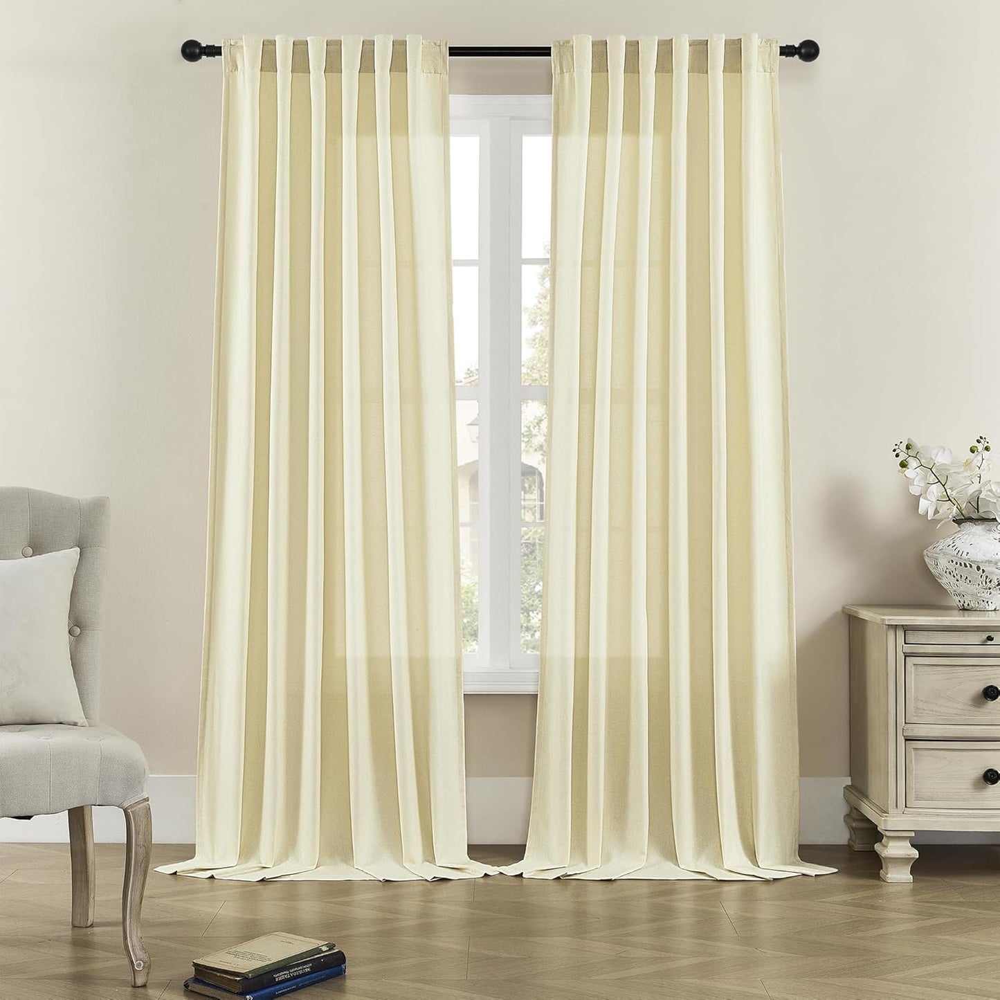 DONREN Back Tab and Rod Pocket Linen Curtains 102 Inch Length 2 Panels Set, Light Filtering Semi Sheer Farmhouse Boho Curtains & Drapes for Bedroom Living Room, W50 x L102，Light Yellow