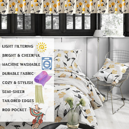 DaDa Bedding Botanical Yellow Fleur Floral Window Curtain - Semi Sheer Valance Spring Country Farmhouse Pale Ivory Background - Golden Orange Straight Tailored Edge Kitchen Decor - 18" x 52"