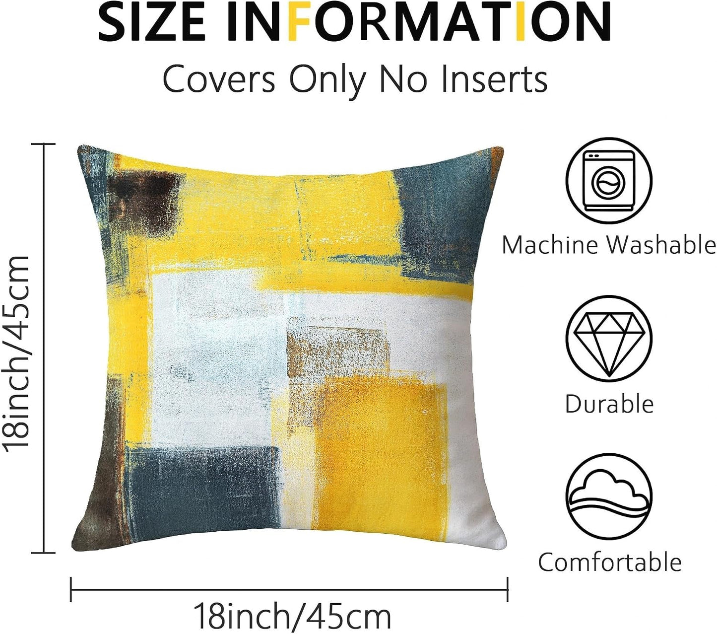 4 Pack Yellow Grey Throw Pillow Covers 18x18 Printed Art Decor, Polyester Modern Abstract Art, Decorative Cushion Cases for Couch Sofa Bed, for Family Friend, Vibrant Home Decor