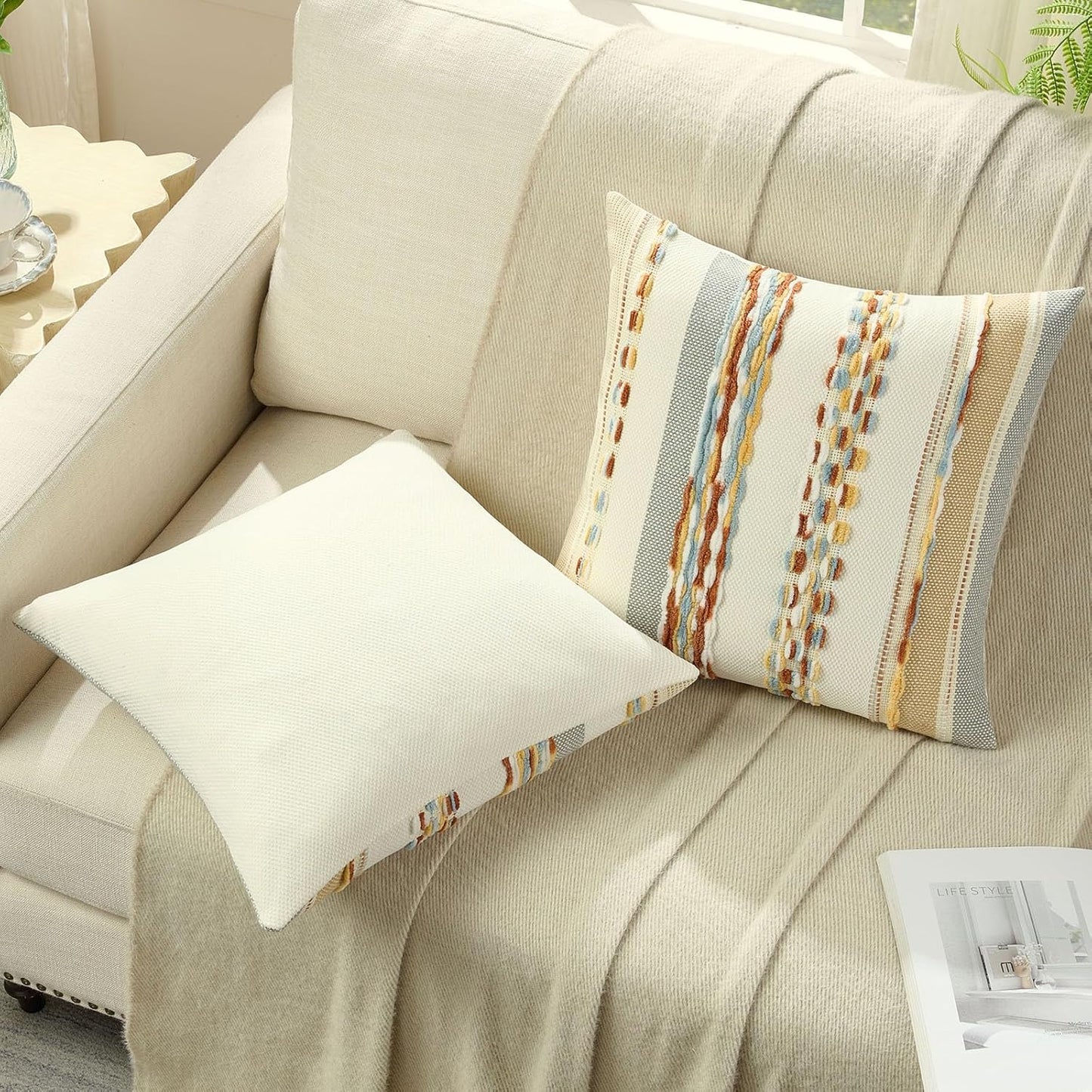 FUTEI Pack of 2 Boho Chenille Decorative Throw Pillow Covers 18x18 Inch Soft Tufted Striped Textured Cushion Case,Farmhouse Accent for Couch Bed Living Room, Rust Blue Yellow