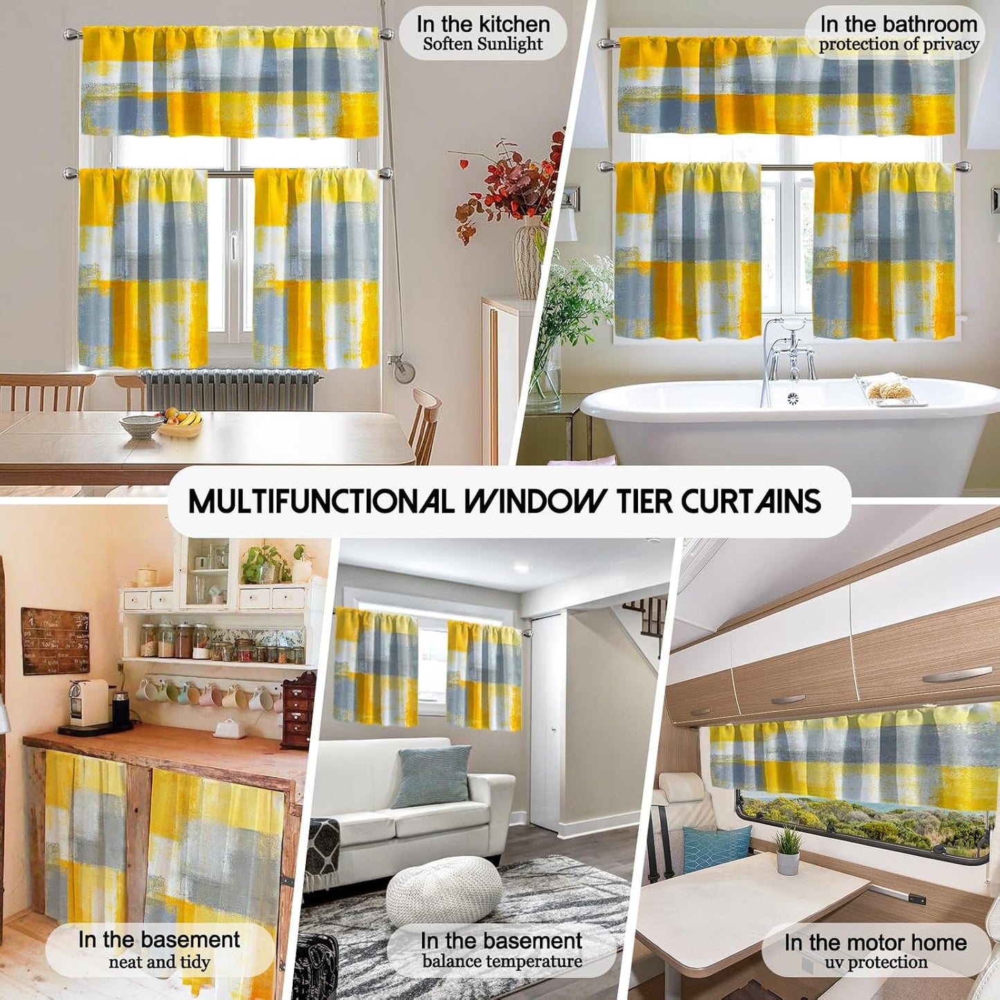 Lnond Yellow Grey Kitchen Curtains and Valances Set,52x36 Inch Semi-Sheer Rod Pocket Kitchen Curtain Valance and Tiers Set, 3 Pcs Abstract Art Kitchen Decor Small Cafe Curtains Bathroom Curtain