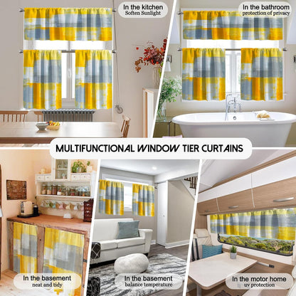 Lnond Yellow Grey Kitchen Curtains and Valances Set,52x36 Inch Semi-Sheer Rod Pocket Kitchen Curtain Valance and Tiers Set, 3 Pcs Abstract Art Kitchen Decor Small Cafe Curtains Bathroom Curtain