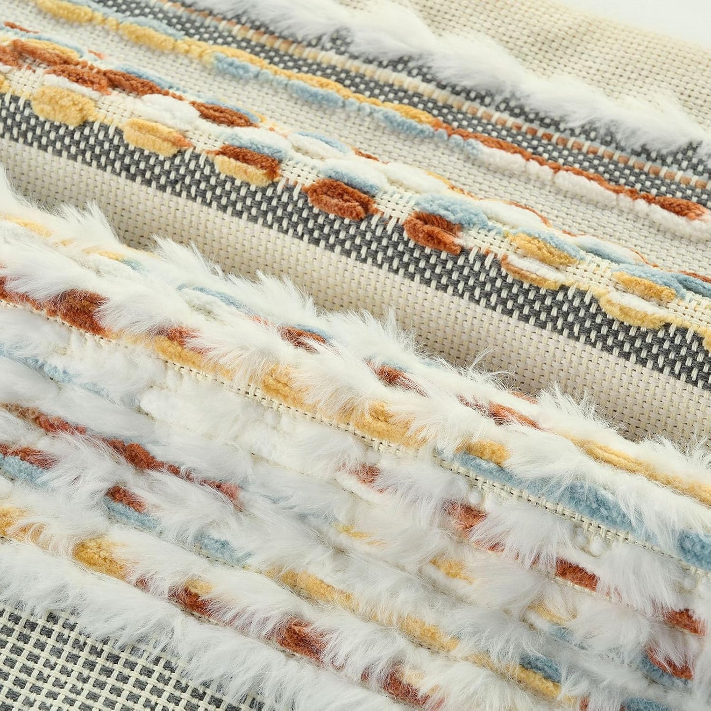 FUTEI Pack of 2 Boho Chenille Decorative Throw Pillow Covers 12x20 Inch Soft Plush Tufted Striped Textured Pillow Case,Farmhouse Accent for Couch Bed Living Room, Rust Blue Yellow