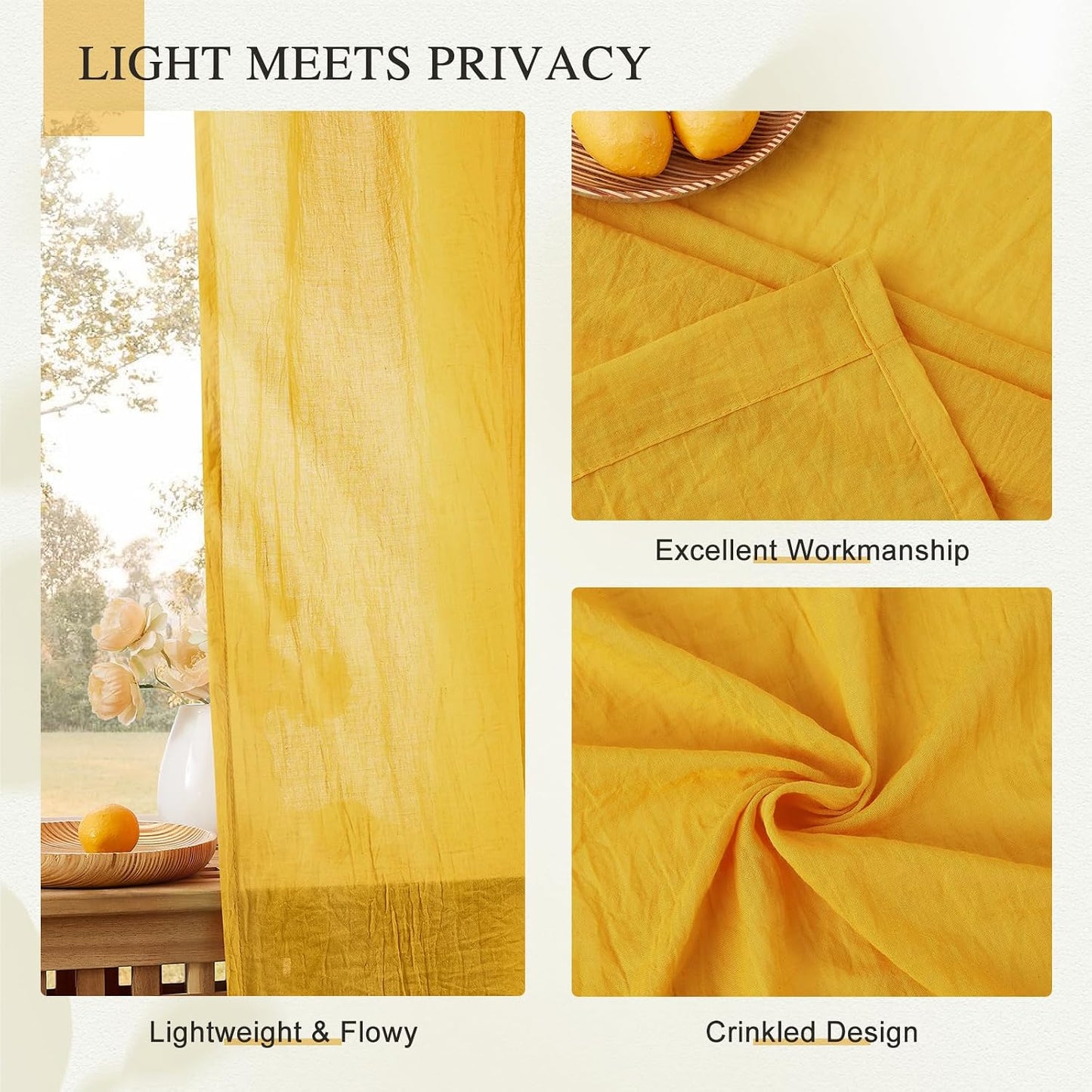 Anpark Elegant Gold Sheer Curtains 63 Inch Length for Bedroom Living Room, Light Filtering Natural Cotton Linen Yellow Semi Sheer Curtains Rod Pocket Privacy Voile Drapes, W52 x L63 in, 2 Panels