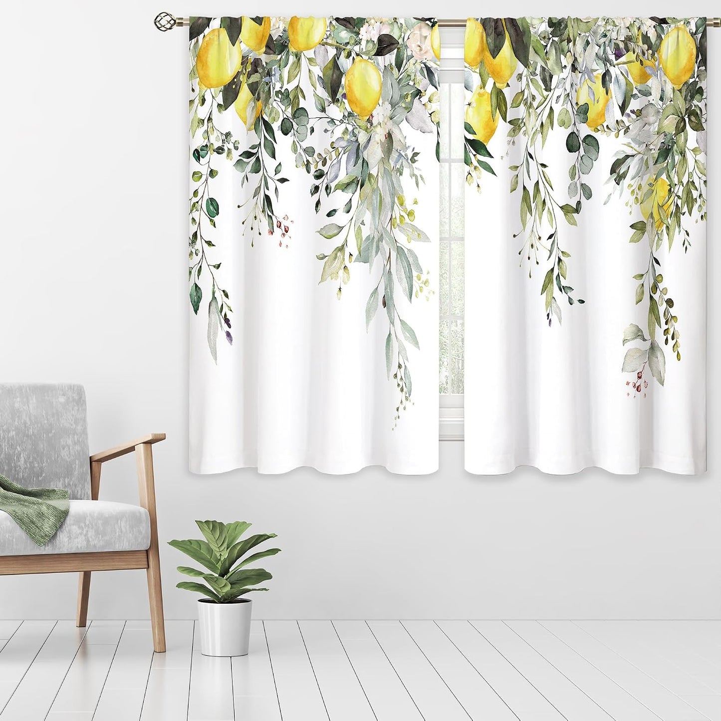 Eucalyptus Botanical Leaves Yellow Lemon Window Curtains Herb Plant Floral Fruit Sage Green Rod Pocket Curtain Drapes Flower Curtains for Bedroom Living Room Treatment 2 Panels 42Wx45H Inch