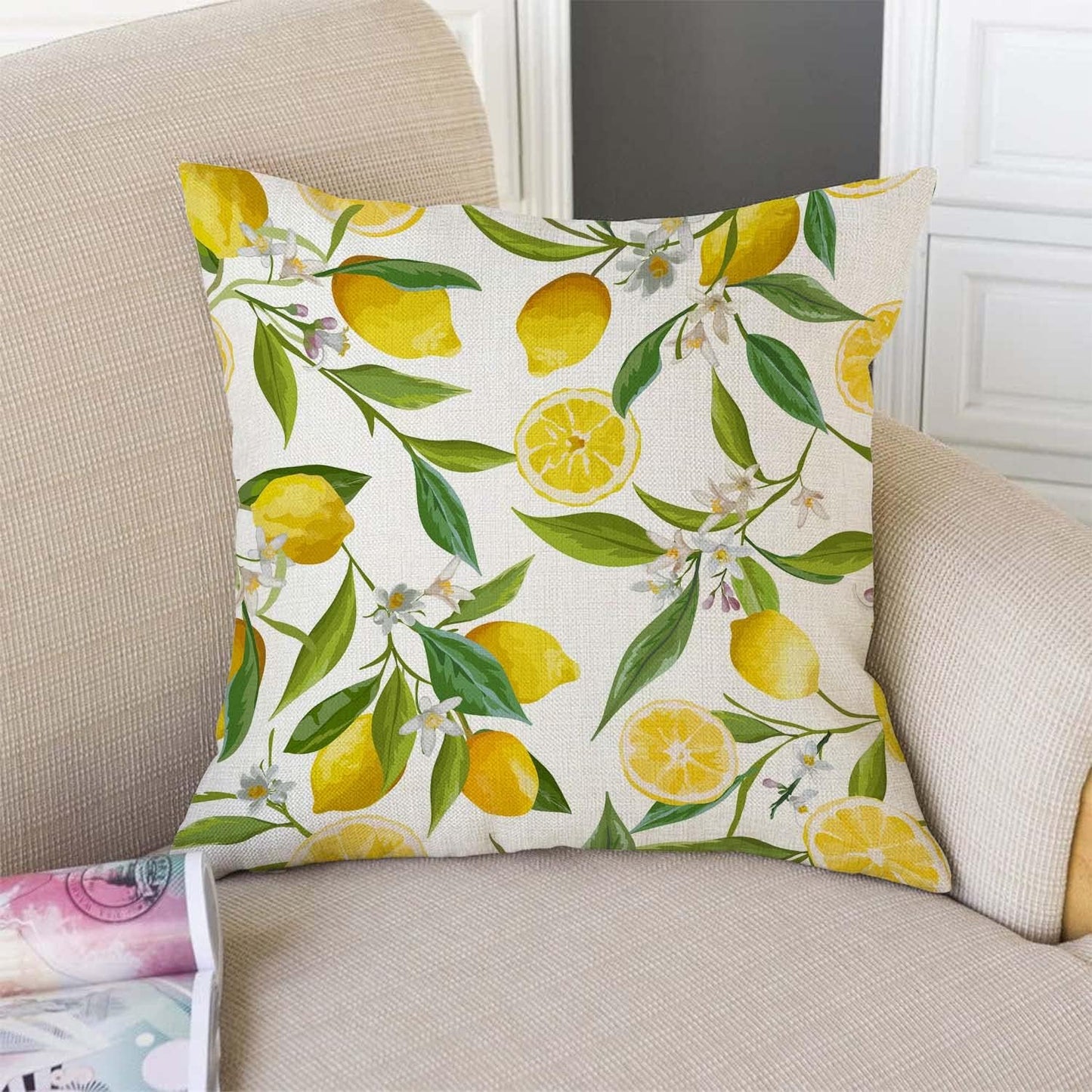 TSSOHU Green Floral Pattern Lemon Fruits Flowers Leaves Elegant Exotic Throw Pillow Case 18 x 18 Inch Decorative Cotton Linen Cushion Cover for Sofa Couch Bed