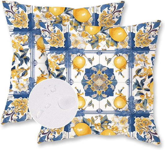 TAJWE Summer Outdoor Pillow Covers 18x18 Inch Set of 2 Italy Lemon Blue and Yellow Decorative Throw Pillowcases Farmhouse Waterproof Square Cushion Cases for Patio Furniture Garden Bench Porch Decor