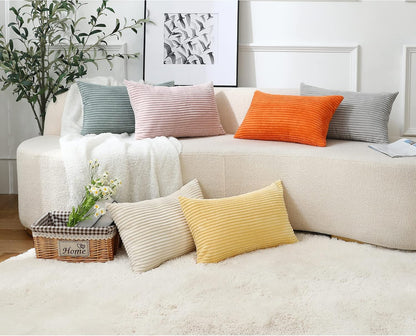 Stellhome Pack of 2 Corduroy Soft Throw Pillow Covers Rectangle Solid Striped Cushion Covers Pillowcase for Bed Couch Sofa Bench, 12x20 inch/30x50 cm, Light Yellow