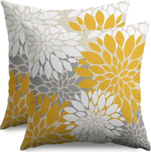 Yellow White Grey Gray Pillow Covers 18X18 Inch Set of 2, Modern Geometry Dahlia Floral Print Decorative Throw Pillow Covers Outdoor Farmhouse Cushion Case for Home Couch Sofa Bed Decoration