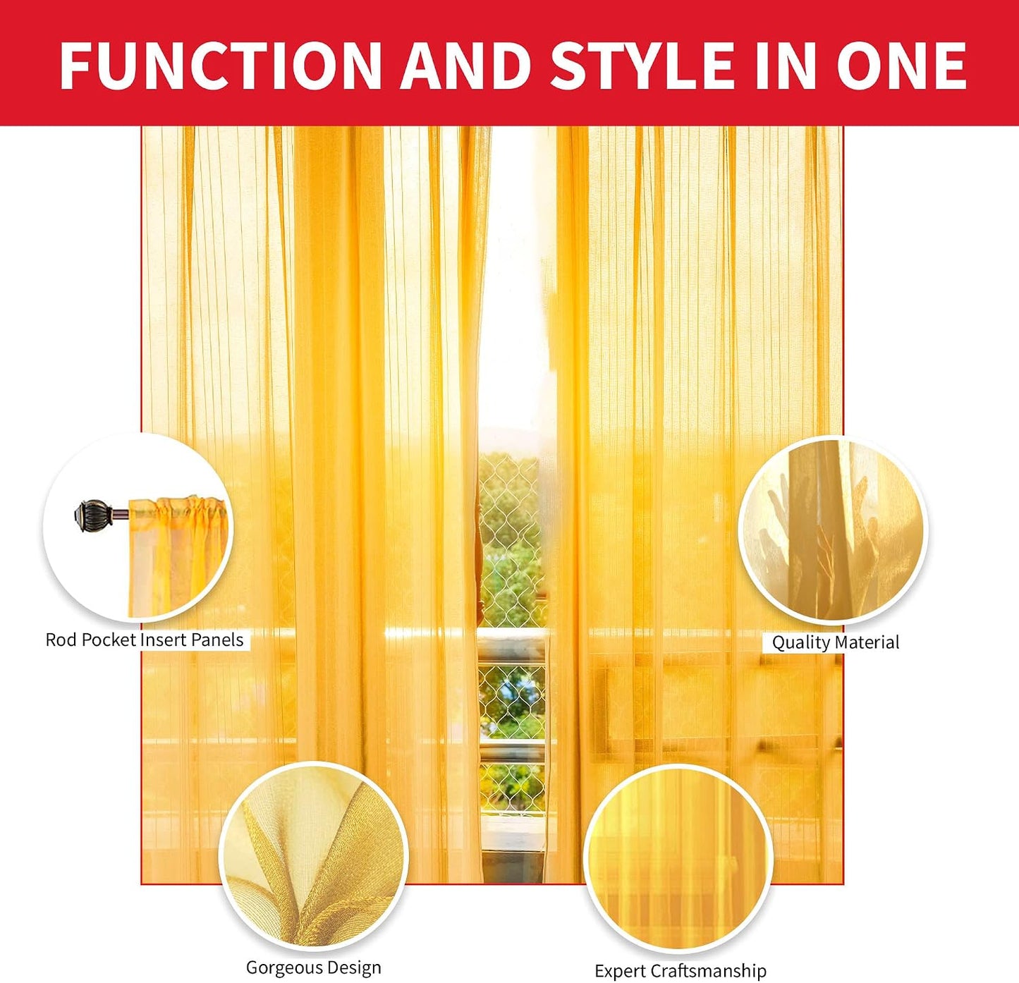 Sapphire Home Mustard Yellow Sheer Curtains - 63 Inches Length, 2 Panels Set Sheer Drapes, Light Filtering Textured Window Curtain for Living Room, Bedroom, Kitchen & Dining - 54"x63", Mustard Yellow